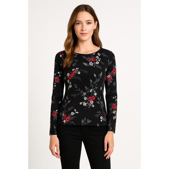 H&M Floral Blouse Women 2 Black Long Sleeve Cottage Minimalist Casual Keyhole - Picture 1 of 11
